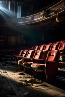 Abandoned theater with tattered seats and an empty stage, AI generated