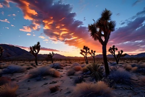 Mojave desert with joshua trees sprinkled in a sunrise, AI generated