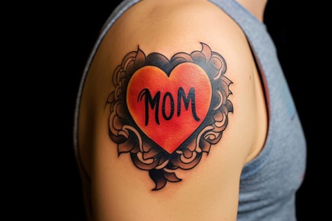 Heart with word MOM tattooed on man's upper arm. KI generiert, generiert AI generated