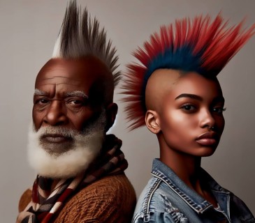 An old male and a female punk with punk hairstyle, mohawk, symbolic image youth culture, punk,
