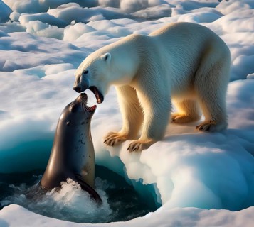A polar bear at an ice hole hunting for a seal in the Arctic, AI generated, AI generated