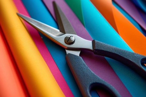 Scissors lying on colorful paper sheets. KI generiert, generiert, AI generated