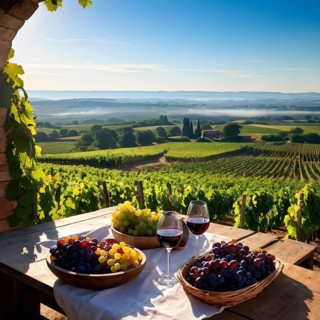 AI generated wine tasting table setup with wine and grapes nestled subtly amidst a thriving