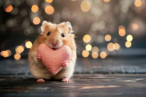 Cute small hamster with pink Valentine heart in front of wooden background with bokeh lights.