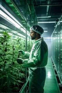 Cannabis cultivation facility in flourishing condition neatly arranged rows of vibrant green