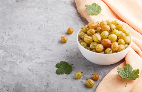 Fresh green gooseberry in white bowl with orange textile on gray concrete background. side view,