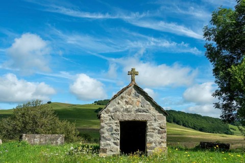 Small chapel in the Cezallier plateau, nestled in the Auvergne Volcanoes Regional Natural Park, Puy