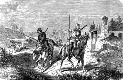 Polish lancers or Bosniaks, cavalry unit in Prussian army, rural landscape, lances, soldiers,