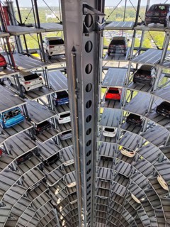 New cars for delivery in the Autoturm, interior view from top to bottom, Autostadt, Volkswagen AG,