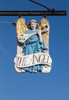Historic architecture of the Angel Hotel, Lavenham, Suffolk, England, UK