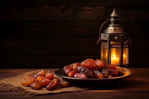 Ramadan lantern with a plate of succulent figs on dark background, set on an ornate table with