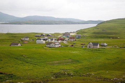 Houses in the crofting settlement village of Bhatarsaigh, Vatersay, Barra, Outer Hebrides,