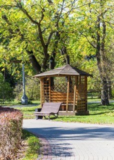 Gazebo and a bench under the trees in the park