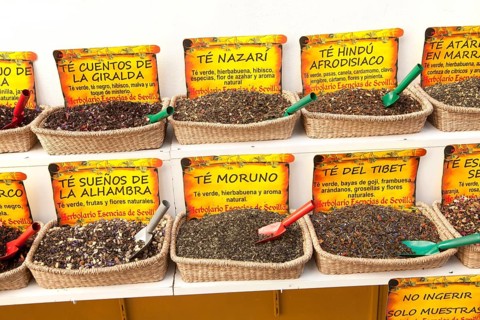 Close up display of various types of herbal tea, Seville, Spain, Europe
