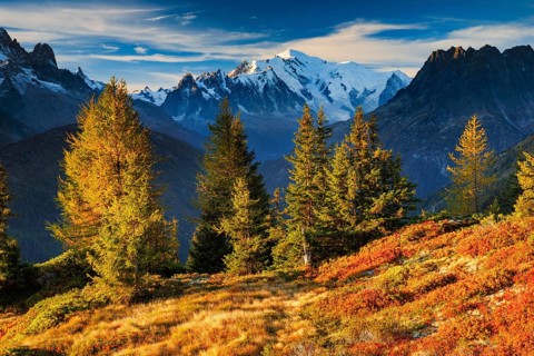 View of the Aiguille Verte and Mont Blanc in the first morning light in the Savoy, France, Europe