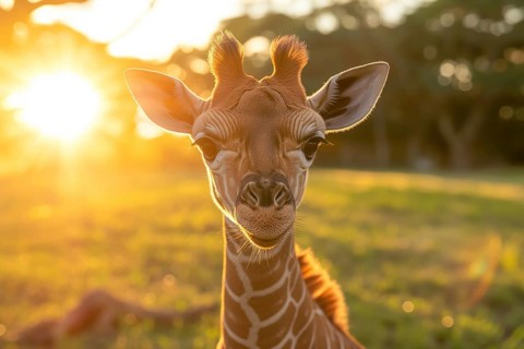 Baby giraffe standing amidst the golden rays of the setting sun, surrounded by nature beauty, AI