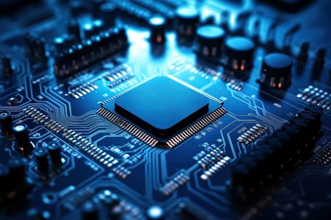 Close-up image of a blue circuit board with a central microchip processor CPU with various