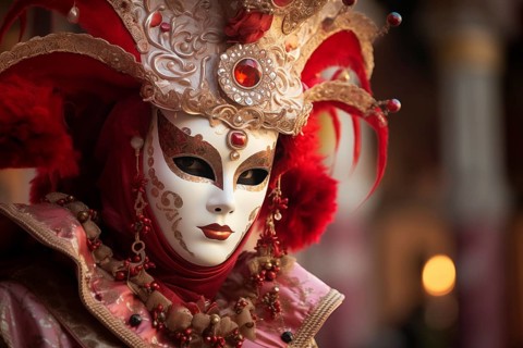 A person adorned in a richly detailed and colorful carnival costume, complete with an elaborate