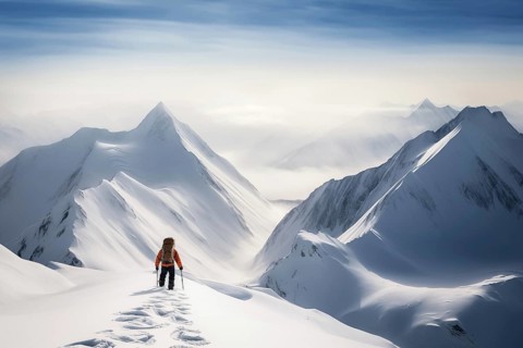 A mountaineer in mountains approaching a majestic snowy mountain peak amidst a snowfall and snow