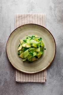 Spring, green salad, cucumber with apple, top view, close-up, no people, microselen radish, healthy
