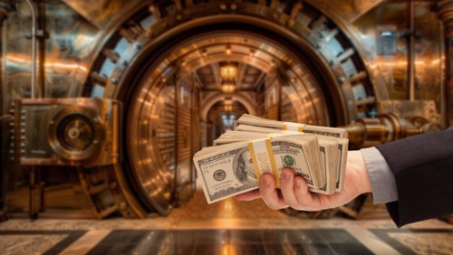 Man handing stacks of thousands of dollars with giant vault in background, AI generated