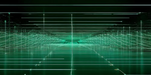 Abstract geometric pattern tunnel structure embodying data streams and communication in green hues,