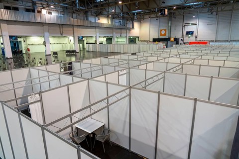 Construction of a vaccination centre for corona vaccinations, in a hall at Messe Essen, by the