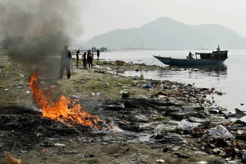 Polluted banks of Brahmaputra River, in Guwahati, Assam, India on Monday, March 22, 2021. March 22
