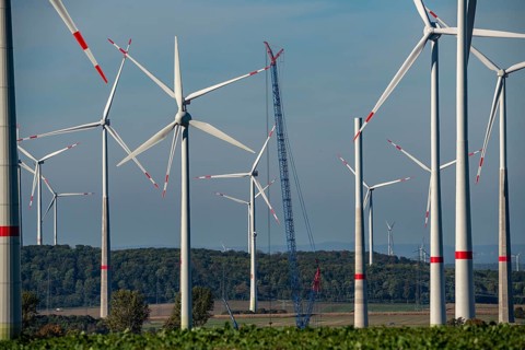 Wind farm near Bad Wünnenberg, Ostwestfalen Lippe, along the A44 motorway, North Rhine-Westphalia,