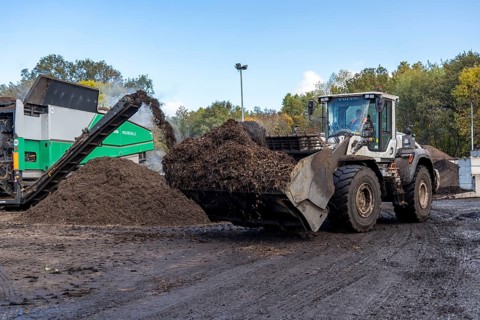 Composting plant, organic waste is composted, sorted by size, smaller parts are reused as compost,