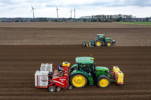 Early potatoes are laid in the soil of the field with a planting machine, tractor with roundabout