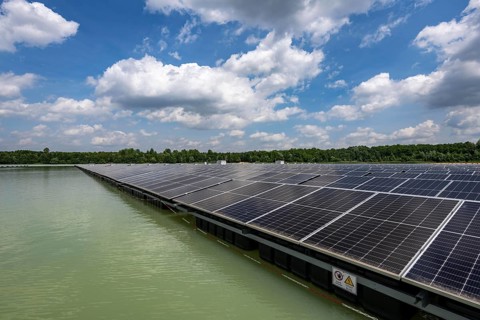 Germany's largest floating solar power plant on the Silbersee III, a quarry pond no longer used for