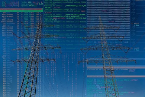 Symbolic image of critical infrastructure, blackout risk, cyberterrorism, high-voltage pylons of