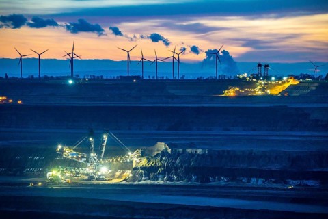 Opencast lignite mine Garzweiler 2, excavator 285, left, bucket wheel excavator, excavates lignite,