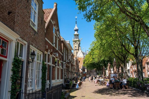 The town of Veere, province of Zeeland, the old town hall, market square, cafés and shops, old town