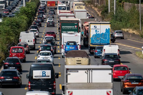 Traffic jam on the A3 motorway, over 8 lanes, in both directions, in front of the Leverkusen