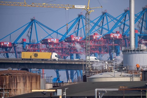 Ramp of the Köhlbrand Bridge in the Port of Hamburg, behind the Container Terminal Tollerort, spans