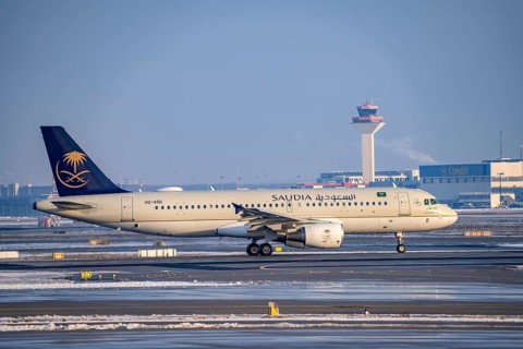 Saudia Airbus A320-200 on the way to Runway West, Frankfurt Airport FRA, Fraport, in winter, Hesse,