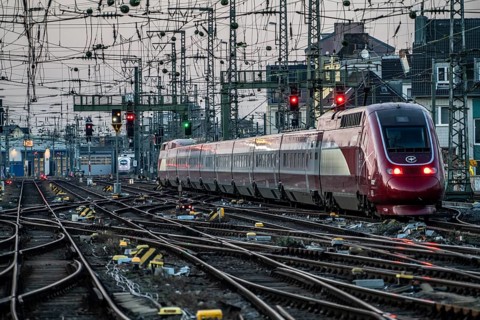 Eurostar train on its way to Brussels, Cologne Central Station, tracks on the west side, overhead