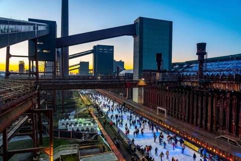 Ice rink at the Zollverein coking plant, Zollverein World Heritage Site, Essen, Germany, Europe