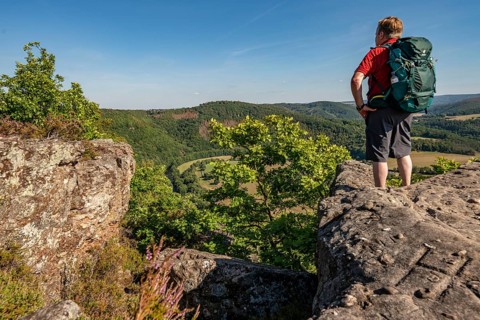 Eugenienstein, view into the Rur valley, landscape along the red sandstone route, in the Rureifel,