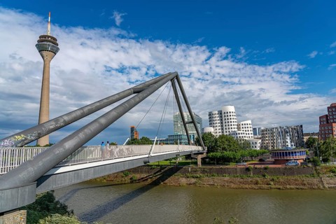Pedestrian bridge over the Media Harbour, harbour entrance, Rhine near Düsseldorf, Rhineland, North