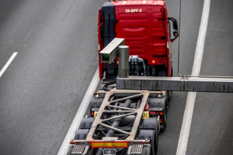 Traffic camera on the A3 motorway, traffic on 8 lanes, monitoring traffic on the temporarily open