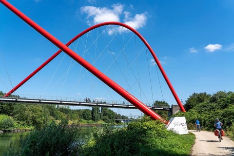 Nordsternpark, former site of the Nordstern colliery, double arch bridge over the Rhine-Herne Canal