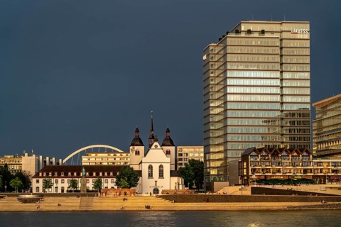 Kennedyufer in Cologne Deutz, on the Rhine, Old St Heribert Church, Lanxess Tower, administration