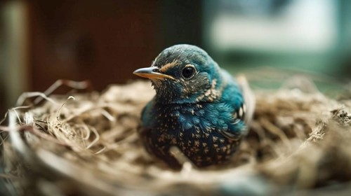 Cute newborn blue bird in nest, generative AI, AI generated