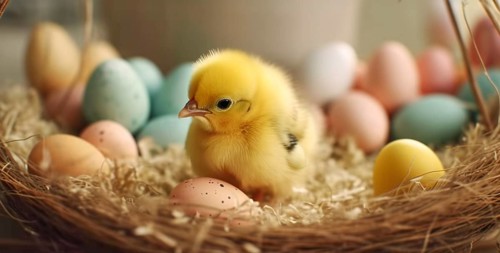 Cute newborn chick next to colorful easter eggs, generative AI, AI generated