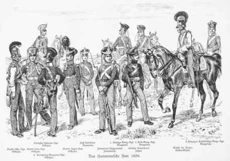 Historical illustration of uniforms around 1838, soldiers and officers with weapons and horses,