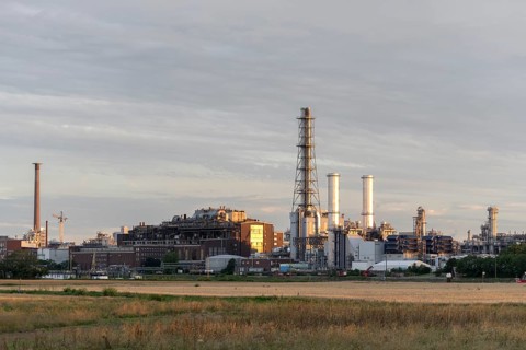 BASF, Lugwigshafen am Rhein, industrial area, dusk, fields, Mannheim, Baden-Württemberg, Germany,