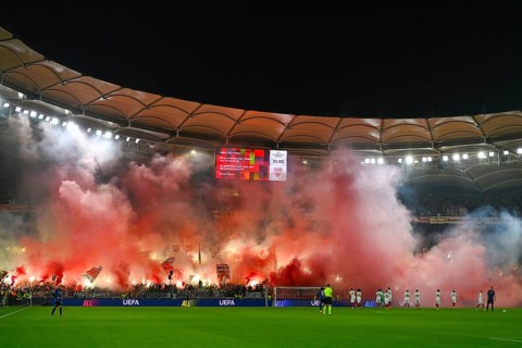 Bengalos, pyrotechnics, pyro, fireworks, Cannstatter Kurve, fan block, atmospheric, threatening,